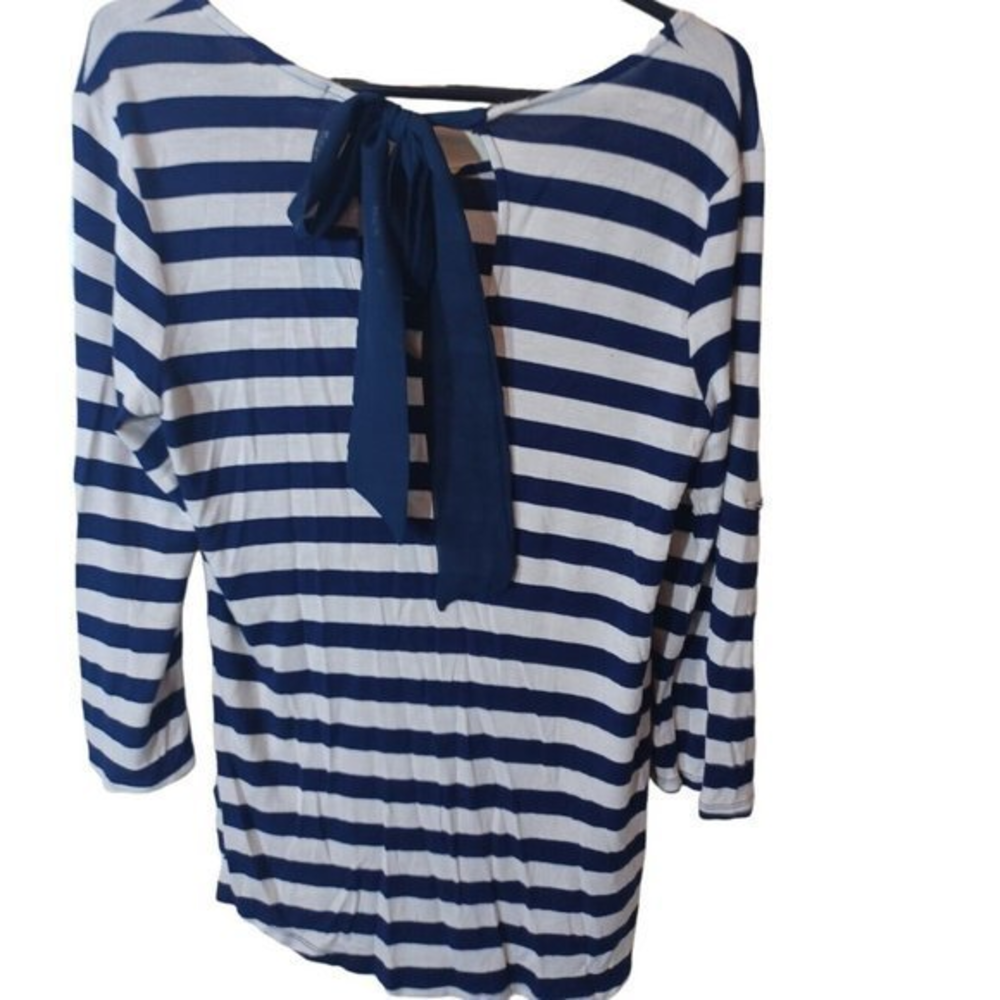 Women's Faith And Joy Navy / White Stripe Blouse/Shirt Bow On Back Size‎ Large